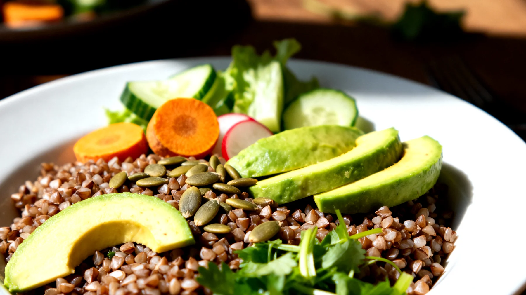 Insalata di grano saraceno con avocado, semi di zucca e verdure crude"