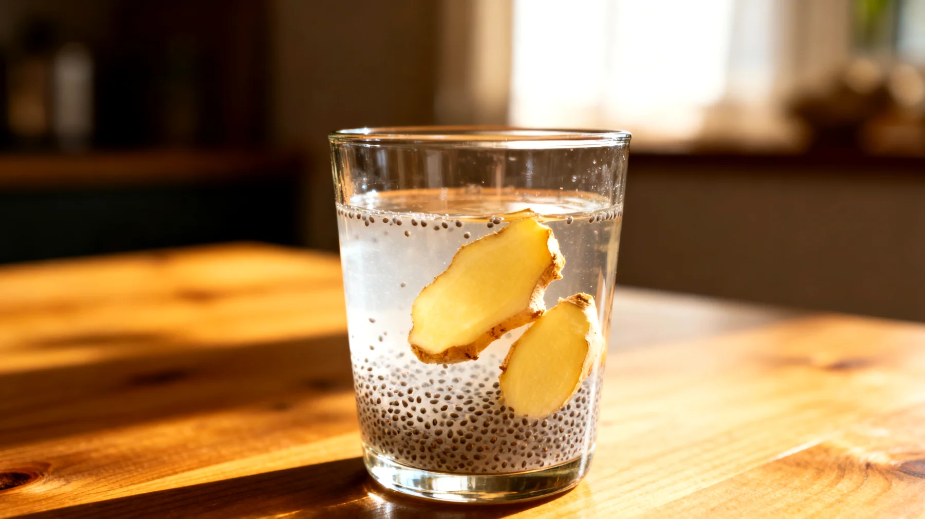 Kefir d'acqua con semi di chia e zenzero fresco"