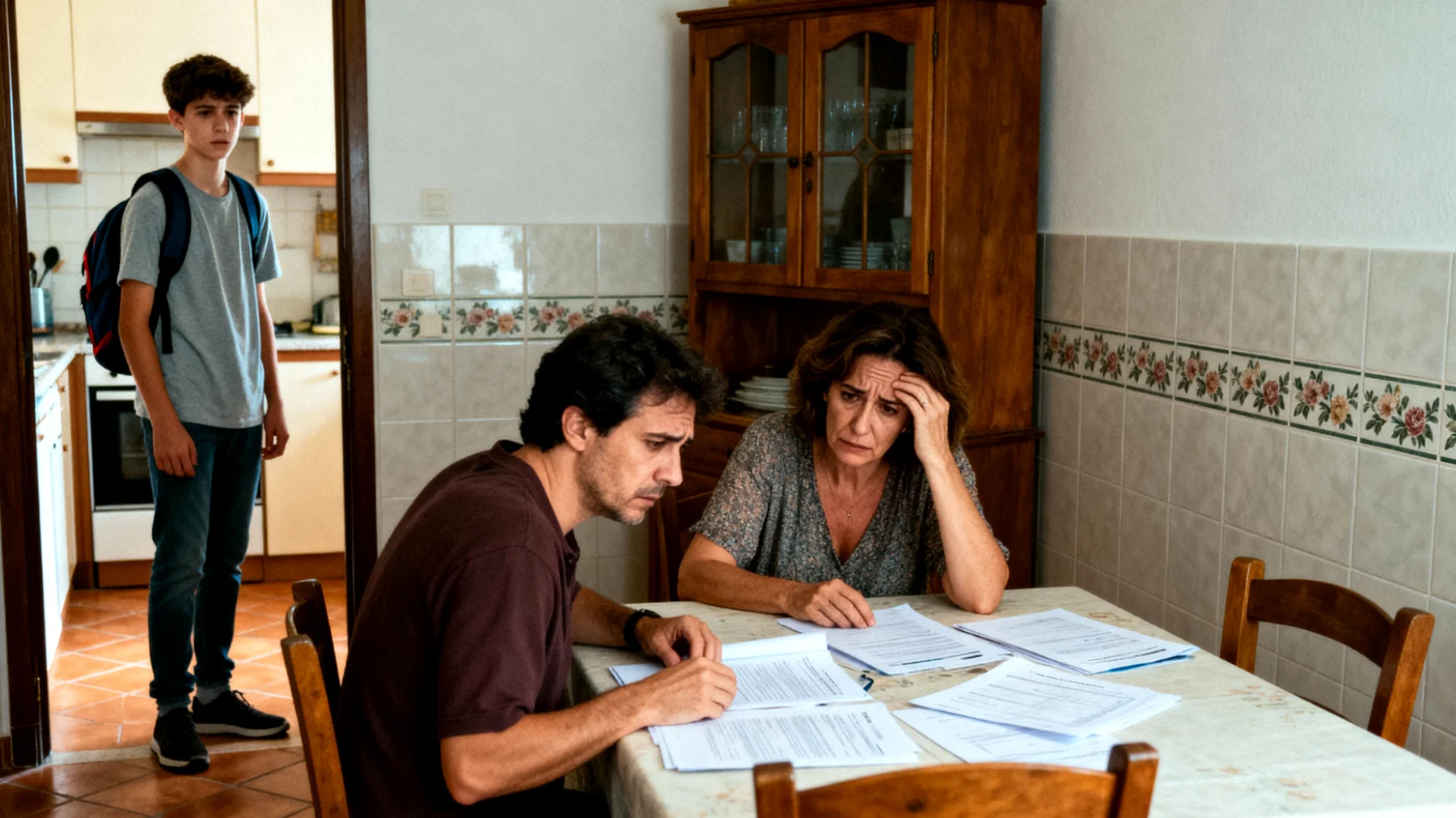 Genitori preoccupati per il futuro incerto dei loro figli adolescenti, con ansie legate alle scelte scolastiche, alle prospettive lavorative e alla capacità di raggiungere l'indipendenza economica e personale in un contesto sociale complesso"