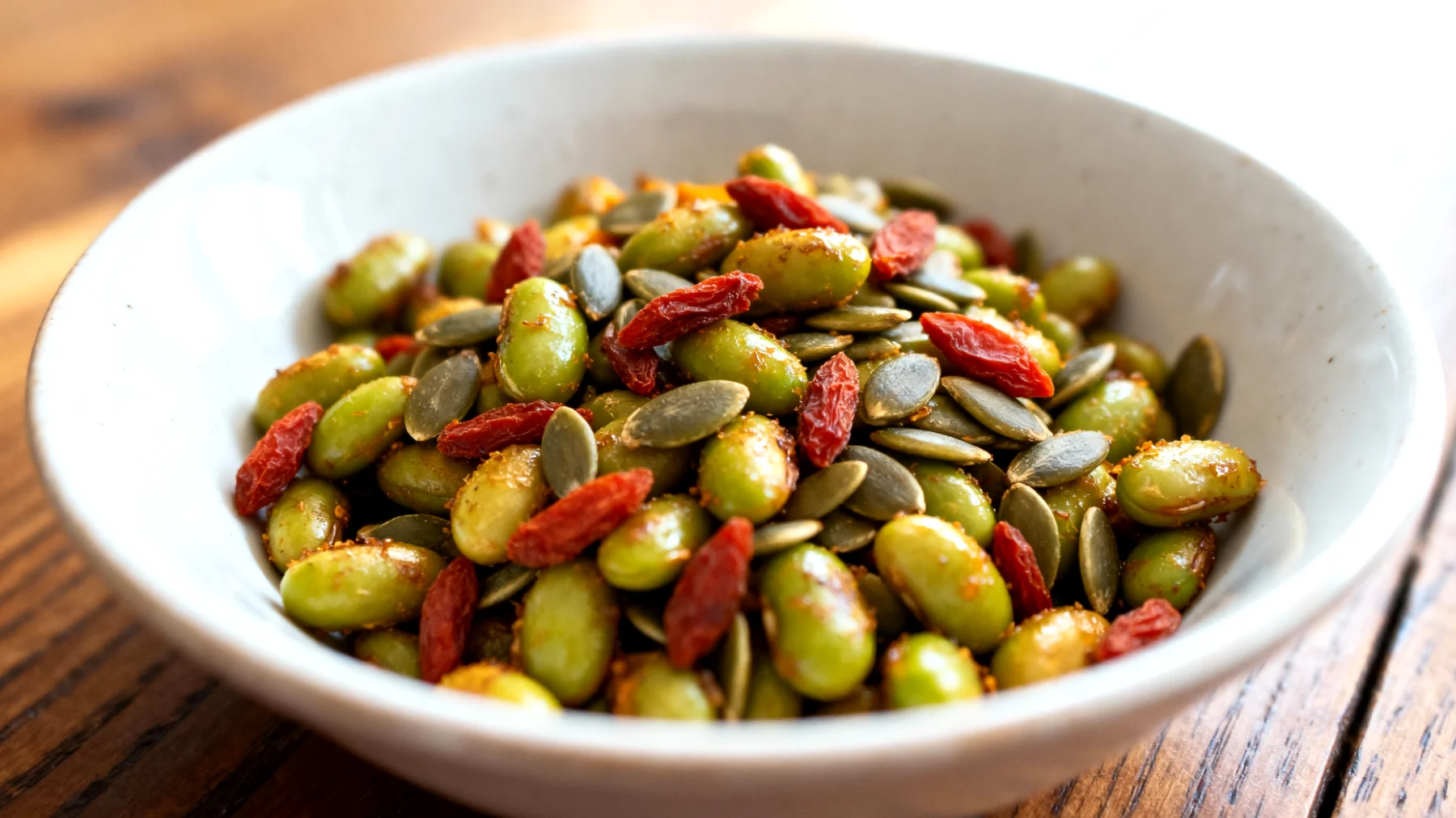 Edamame tostati con semi di zucca e bacche di goji"