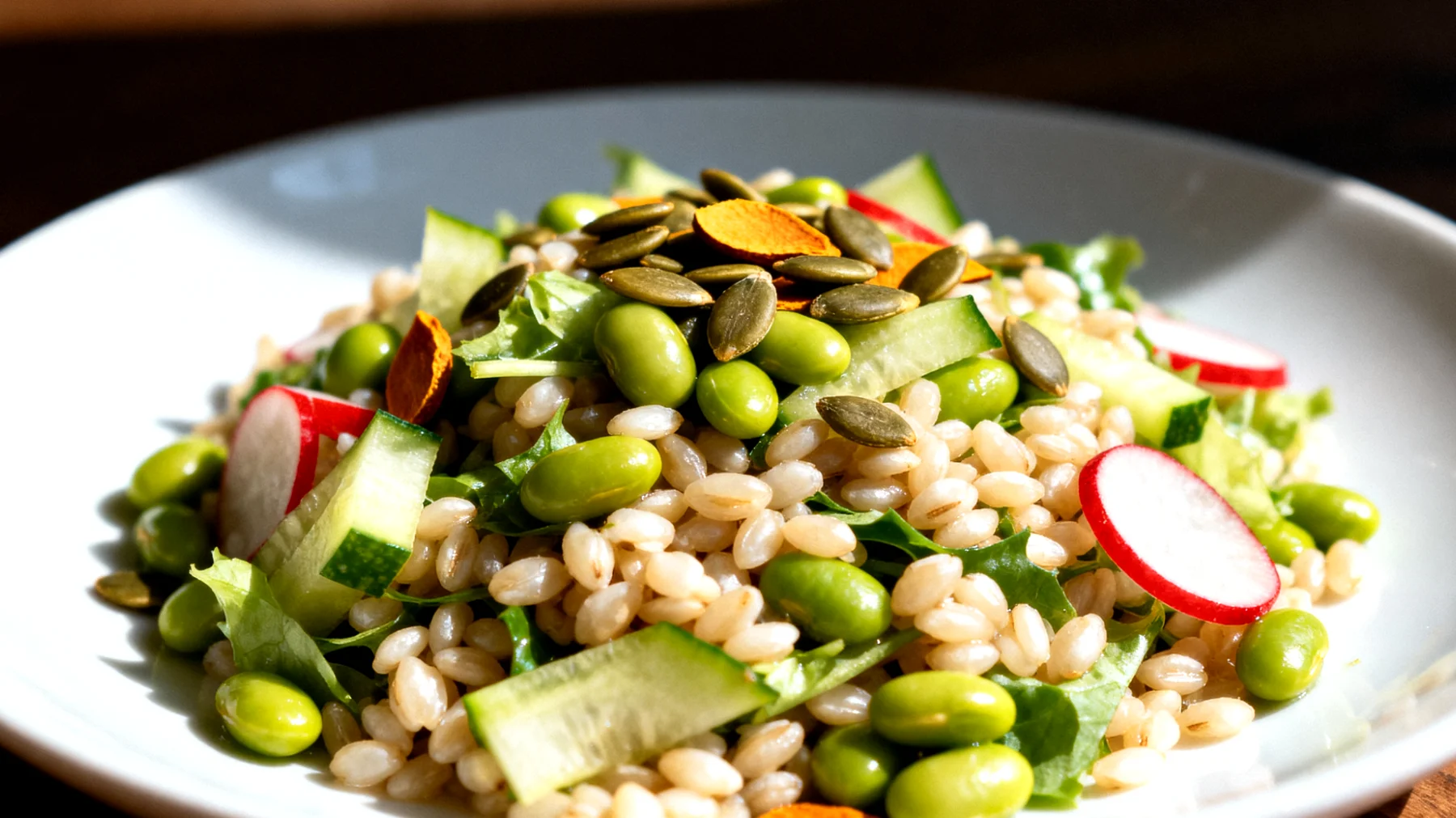 Insalata di orzo perlato con edamame, verdure croccanti e semi di zucca"