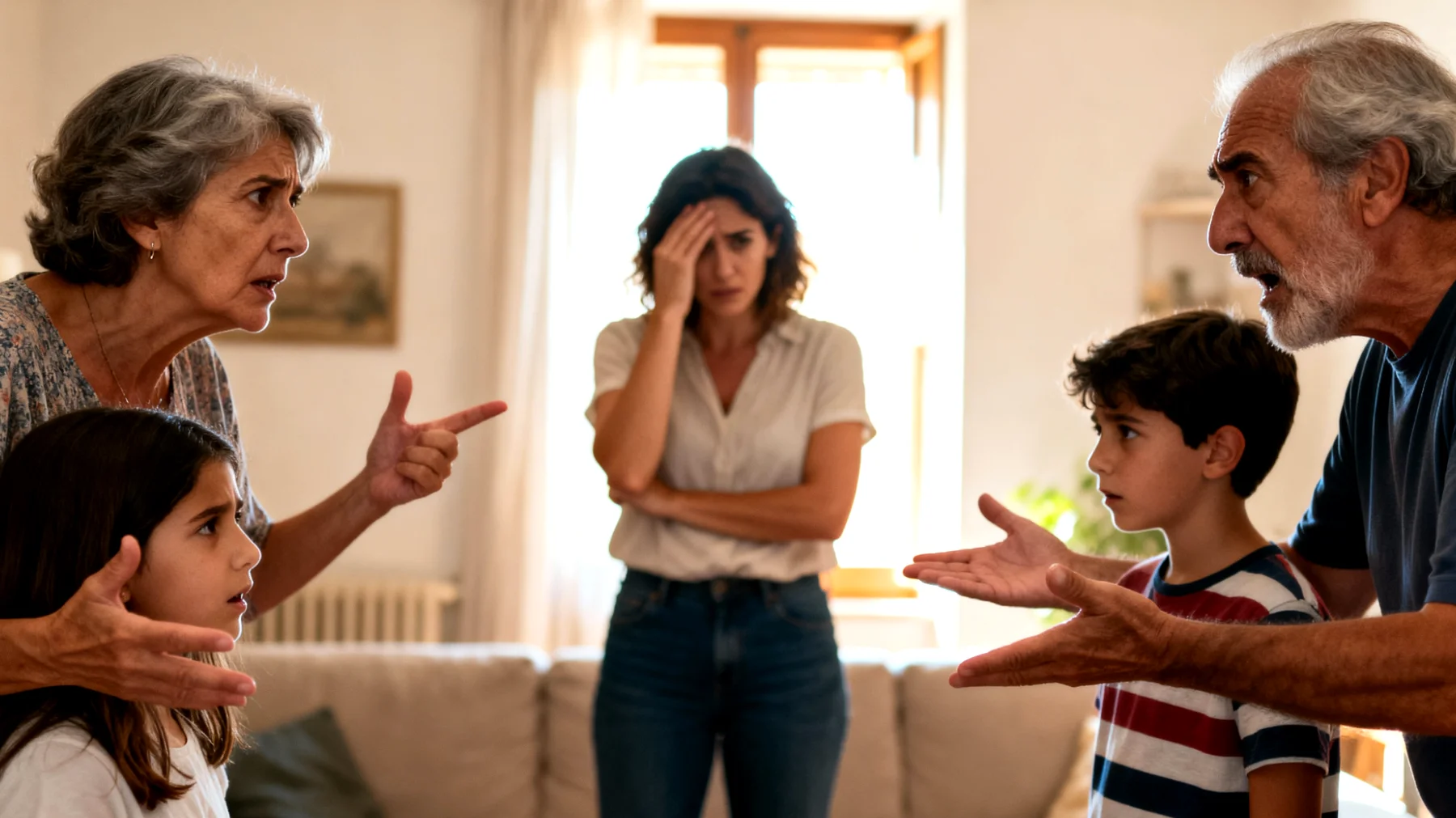 I genitori si trovano costantemente al centro di conflitti tra nonni e altri membri della famiglia allargata riguardo l'educazione e la gestione dei bambini, con interferenze continue, critiche sulle scelte educative e messaggi contrastanti che confondono i piccoli e minano l'autorità genitoriale."
