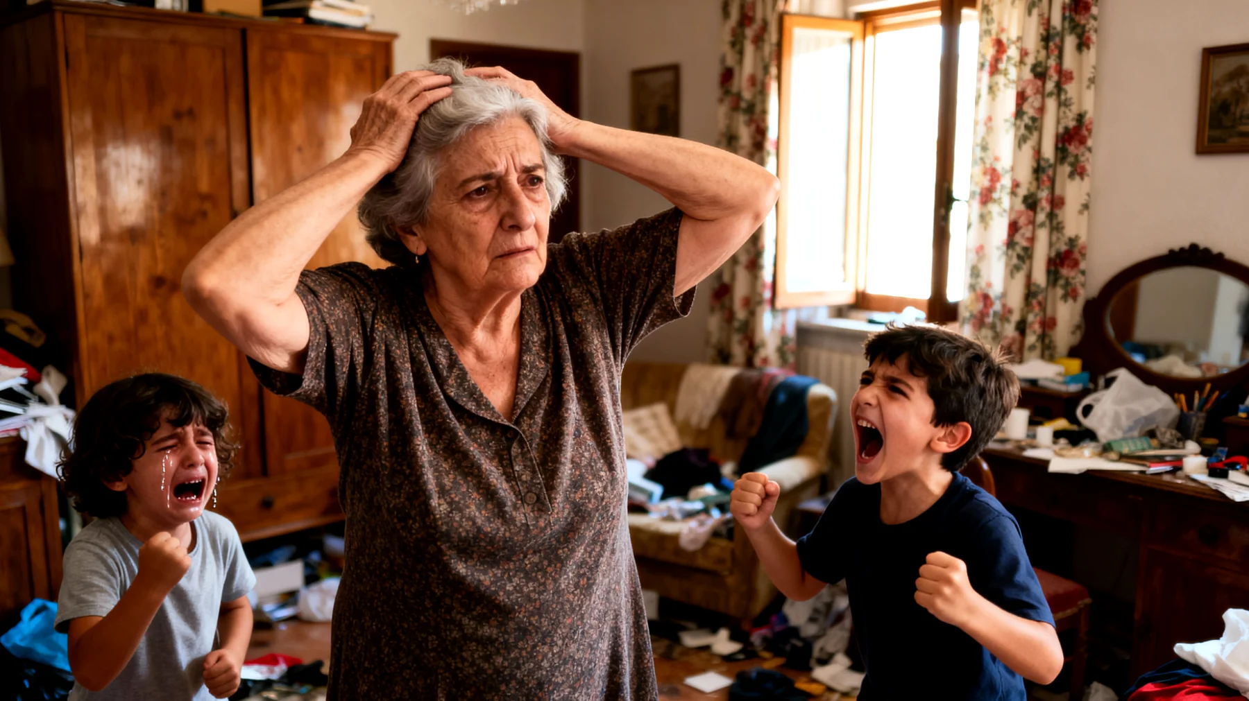Nonna che fatica a gestire le reazioni esplosive e i capricci dei nipoti bambini quando le cose non vanno come vogliono, creando momenti di tensione e frustrazione reciproca"
